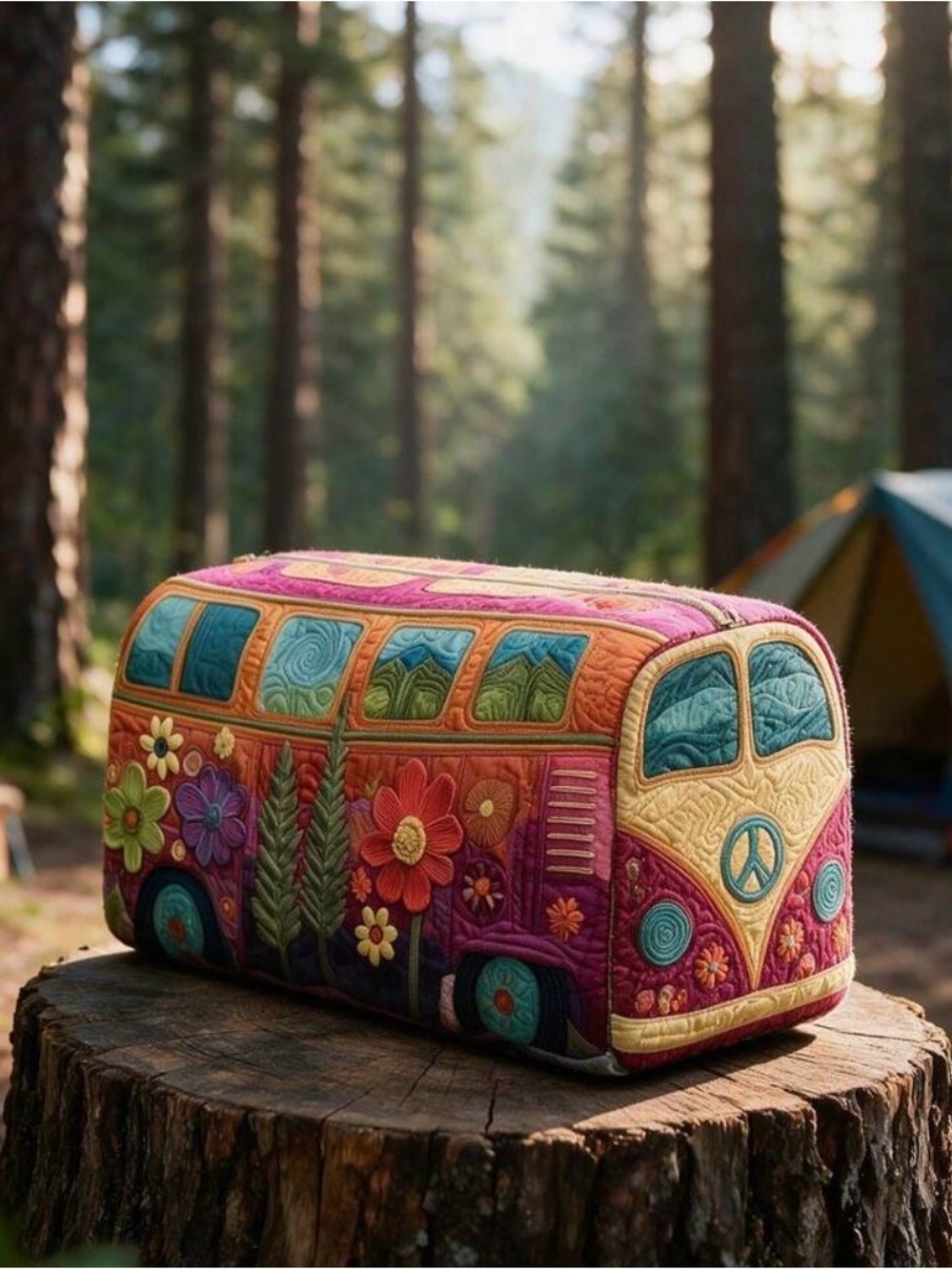 Colorful Quilted Floral Bus Cosmetic Bag - Multicolor - Picture 3 of 6